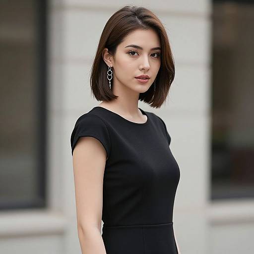 Photograph of an attractive young Asian woman with a bob haircut, wearing a black dress and silver earrings, standing outdoors against a blurred white building background.