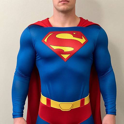Photograph of a man in a Superman costume, showing a blue bodysuit with a red 