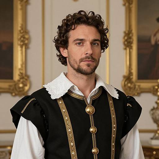 Photograph of a handsome, curly-haired, bearded man with a serious expression, wearing a black and white Renaissance-style vest with gold trim and lace