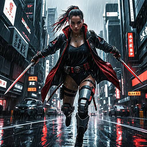 Cyberpunk Samurai Woman in Rainy City