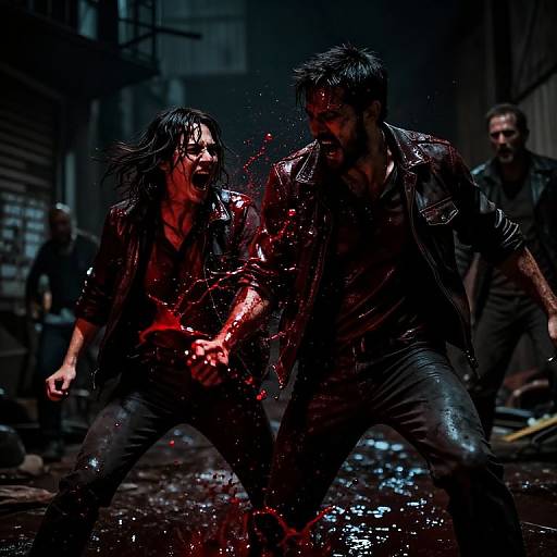 Photograph-style digital artwork: Two blood-splattered, dark-haired men in wet black shirts and pants, fighting fiercely in a dim, industrial alley