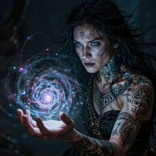 Photographic CGI of a tattooed, pale-skinned woman with wild black hair, glowing blue orb in hand, dark, mystical background.
