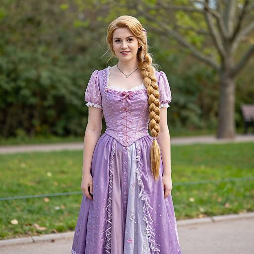 Photograph of a young woman with long blonde braid, wearing a lavender, Victorian-style dress with lace and pink ribbon, standing in a park with