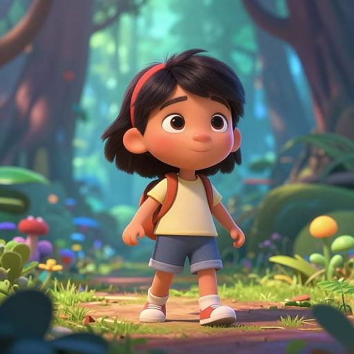 CGI image of a cute, young Latina girl with black hair, red headband, white shirt, blue shorts, white shoes, and red backpack