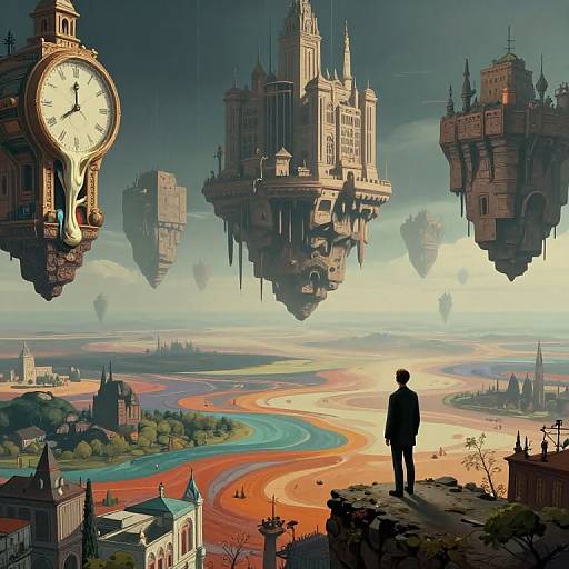 Digital artwork of a silhouetted figure standing on a cliff, gazing at floating clock towers and castle-like structures over a colorful, winding river