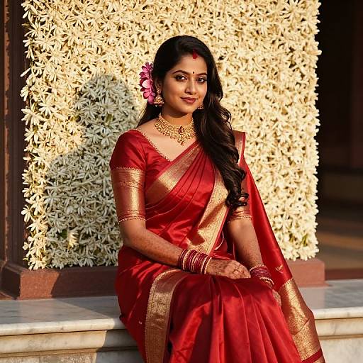 Photograph of a beautiful South Asian woman in a red and gold traditional saree, adorned with jewelry, sitting against white flowers, glowing in warm sunlight