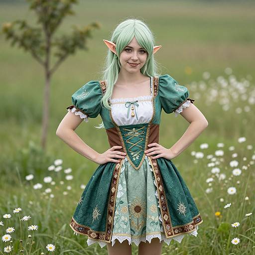 Photograph of a young woman with green elf ears, long mint-green hair, wearing a green, white, and brown fantasy dress, standing in a
