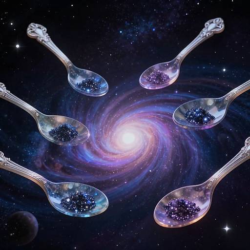 Photograph-like digital artwork: Six transparent, silver spoons with starry contents orbit a glowing, swirling purple and blue galaxy in a dark, star