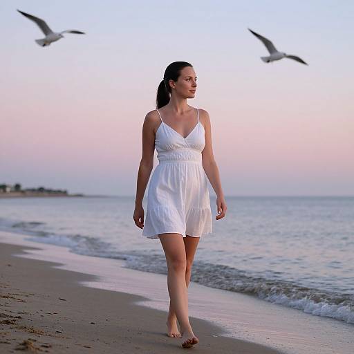 Woman Walking Coastal Shore at Dawn