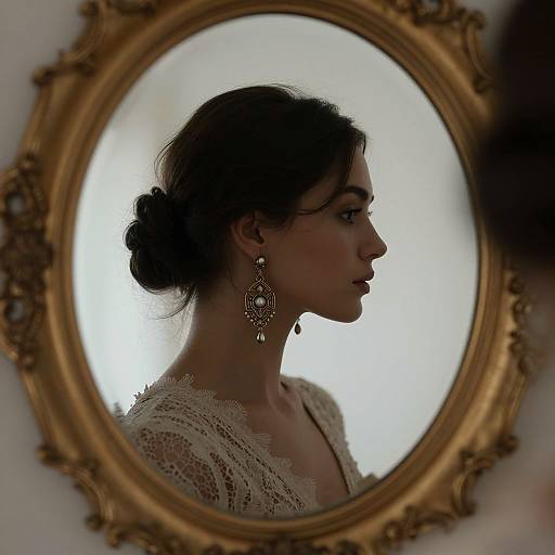 Photograph of a woman in profile, wearing lace dress and ornate earrings, reflected in an antique gold-framed oval mirror.