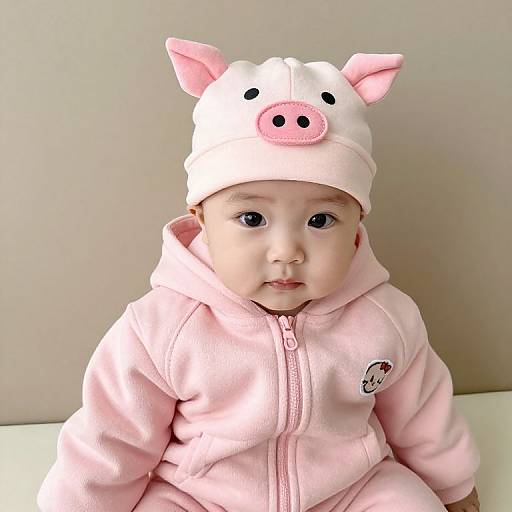 Cute Baby Girl in Pink Pig Outfit