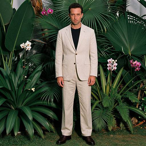 Photograph of a serious, dark-haired man in a white suit and black shirt, standing in front of lush, green tropical plants with pink and white