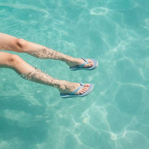 Photograph of pale legs wearing blue flip-flops, submerged in clear, sunlit turquoise pool water, ripples visible around feet.