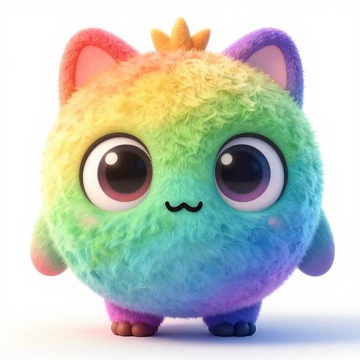 Cute, fluffy, rainbow-colored, cat-like creature with large purple eyes, small black nose, and tiny arms and legs, standing against a white