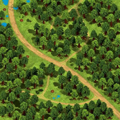 Top-down CGI forest scene with winding yellow dirt path, green pine trees, scattered blue ponds, and brown circular clearings.