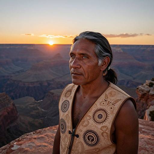 Photograph of a Native American man with long, greying hair, wearing a sleeveless, embroidered tan vest, standing at Grand Canyon sunset, looking