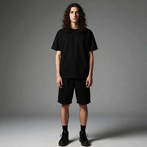 Photograph of a young man with long curly brown hair, wearing a black t-shirt, black shorts, black socks, and black boots, standing against