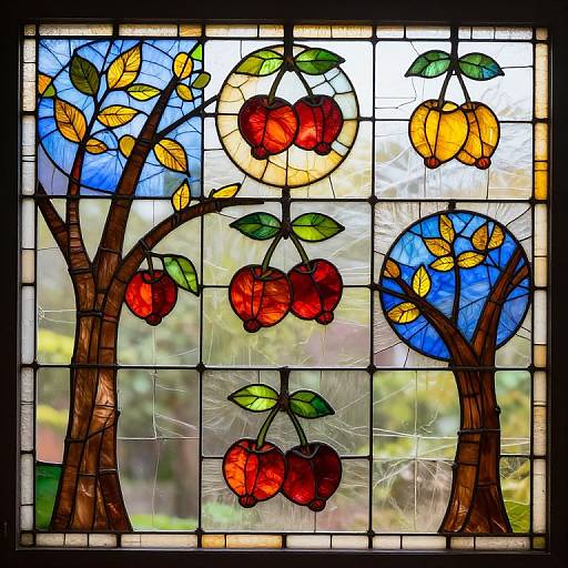 Stained glass artwork depicting three trees with red cherries, yellow apples, and blue fruit, set against a colorful, sunlit background.