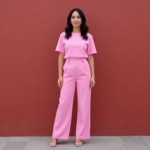 Woman in Pink Outfit with Red Wall