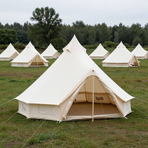 Photograph of six white, pointed canvas tents arranged in a field with green grass, set against a background of dense trees.