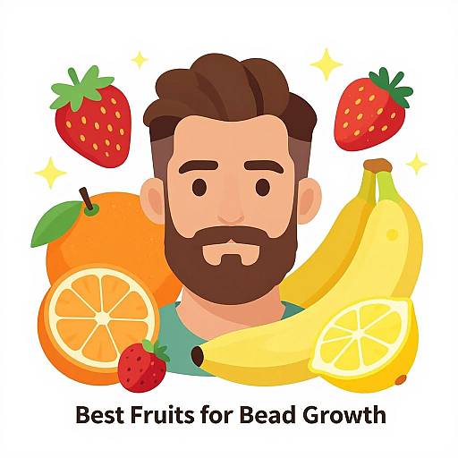 Digital cartoon of bearded man with brown hair, surrounded by strawberries, orange, banana, and lemon slices. Text: 