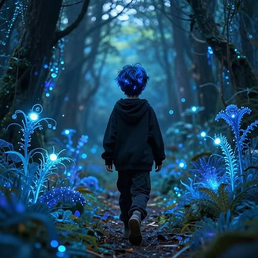 Digital artwork of a child with blue glowing hair, wearing dark clothes, walking through a mystical, blue-lit forest with glowing plants and ethereal lights