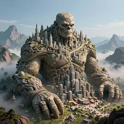 Digital art of a colossal, stone-skinned giant with intricate cityscape on his body, towering over misty mountains and tiny village.