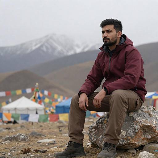 Bearded Man Amid Prayer Flags on Peak
