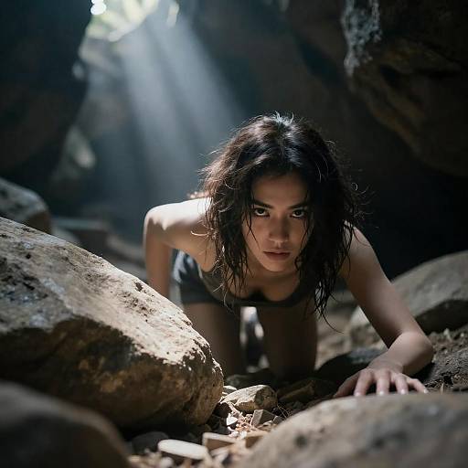 Dramatic Cave Crawl with Intense Expression