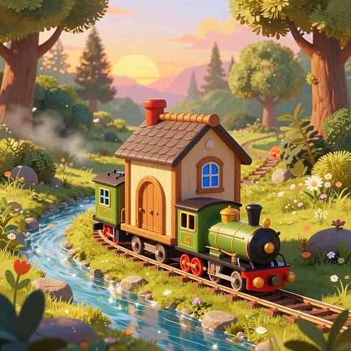 Whimsical digital illustration of a green steam train with a wooden house, set in a vibrant, sunlit forest, with a flowing stream and colorful