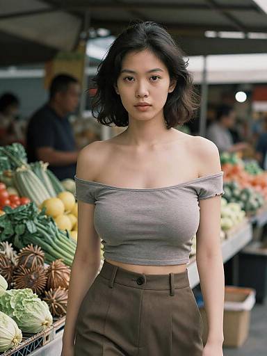 Photograph of an Asian woman with short black hair, wearing an off-shoulder gray top and brown high-waisted pants, standing in a