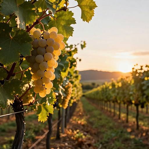 Photograph of sunlit grapevine with golden-yellow grapes and green leaves, set against a blurred vineyard sunset background.