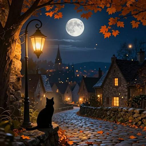 Moonlit village scene with a silhouetted black cat sitting on a stone wall under an orange-leaved tree, illuminated by a glowing streetlamp