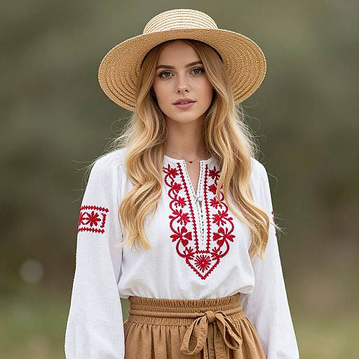Blonde Woman in Embroidered Outfit