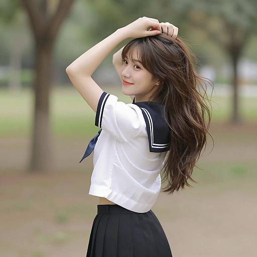 Asian Woman in Sailor-Style Outfit Outdoors