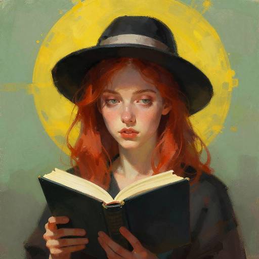 Digital painting of a fair-skinned, red-haired girl with green eyes, wearing a black hat and cloak, reading a book against a green background with