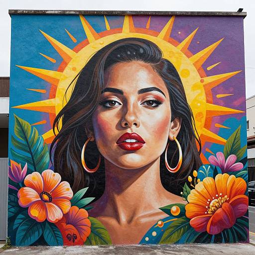 Vibrant street art portrait of a Latina woman with red lipstick, dark hair, gold hoop earrings, and a sun halo, surrounded by colorful flowers