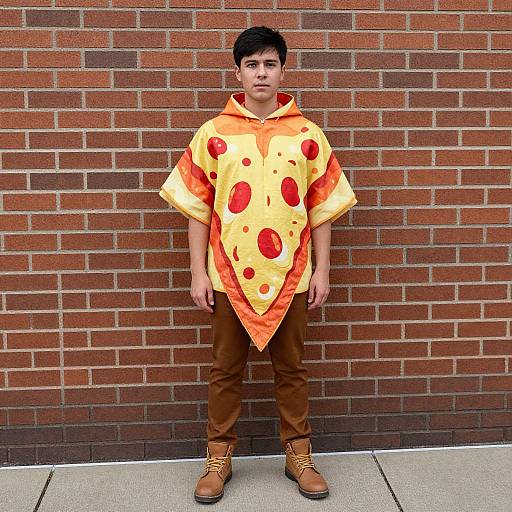 Photograph of a young boy standing against a red brick wall, wearing a yellow shirt with red spots, brown pants, and brown shoes, looking directly