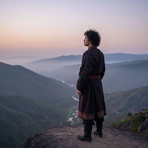 Photograph of a curly-haired man in traditional dark robe and boots, standing on a mountain peak, gazing at misty, hilly landscape at
