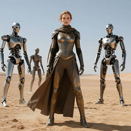 Photograph of a woman in black, form-fitting armor with a long cape, standing in a desert with four silver robots in the background under a