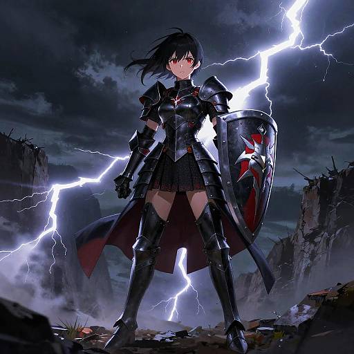 Digital anime artwork of a fierce, armored female warrior with black hair and red eyes, standing in a stormy, lightning-filled landscape, holding a shield