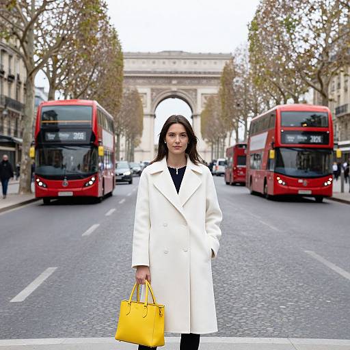 Photograph of a young woman with long black hair, wearing a white coat and holding a yellow handbag, standing in a busy London street with red