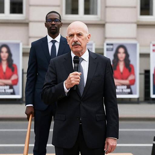 Businessmen with microphone and bat on city street