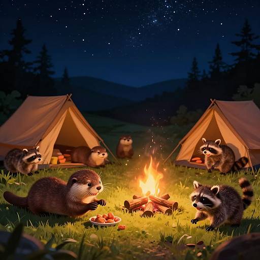 Digital illustration of raccoons gathering around a campfire between two tents under a starry night sky, with pine trees in the background.