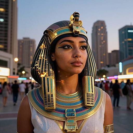 Photograph of a young woman with dark skin, wearing an Ancient Egyptian headdress and necklace, standing in a bustling city at dusk. Skyscrap