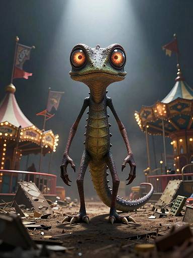 Photograph of a large, detailed, CGI frog with glowing red eyes standing in a dark, carnival-like setting with flags, a lit carousel, and