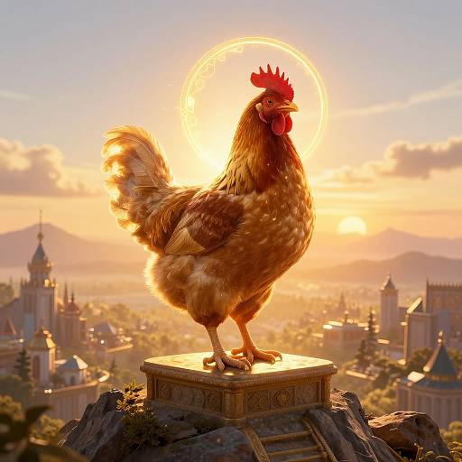 Photorealistic CGI of a proud, red and brown rooster with a glowing halo, standing on a pedestal, overlooking a sunlit, medieval city