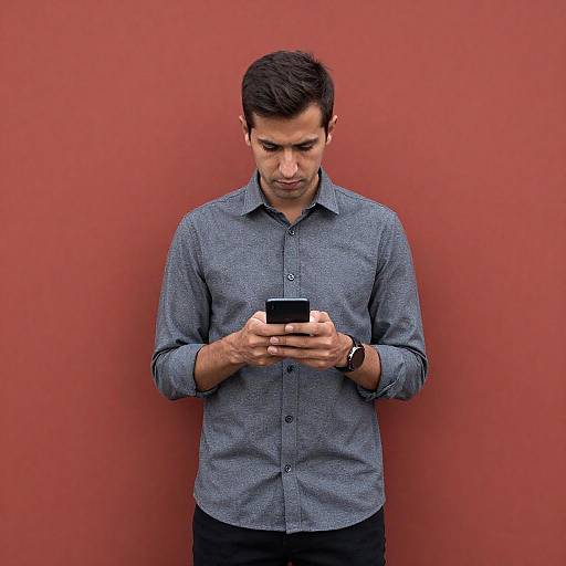 Focused Man with Smartphone Against Red Wall