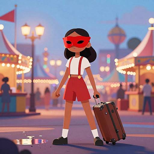 Isabella at Carnival with Mask and Suitcase