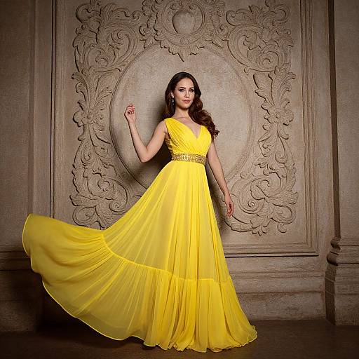 Photograph of a woman with long brown hair wearing a flowing, sleeveless yellow gown with a beaded waist, standing against an ornate, textured